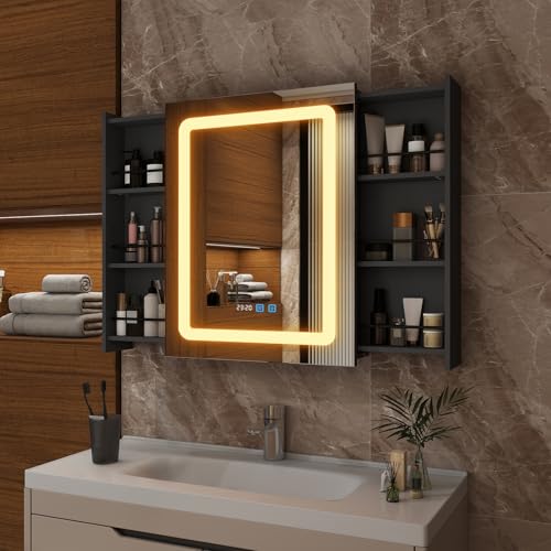 YU YUSING Specchio Bagno Contenitore con 6 Ripiani 55x70x16cm, Mobile Bagno con Specchio a LED, Armadietto Bagno Sospeso Scorrevole, 3 Colori Regolabili, Display dell'Ora, Antiappannamento, IP44, Nero