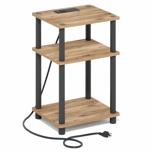 Image of Furinno Just 3-Tier Night Stand with Charging Station, Brown Oak | USB and Type-C Charging Port, Open Shelf Bedside Table, Side Table, End Table, for Living Room, Bedroom