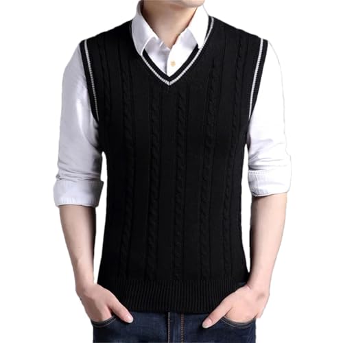 V-Neck Winter Knit Vests for Men Sleeveless Thick Cable Waistcoat Slim Fit Pullover Sweater Tops