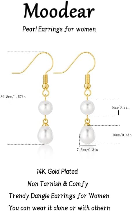 Moodear Dainty Pearl Dangle Earrings for Women - Trendy 14K Gold Plated Pearl Hypoallergenic Drop Earring Wedding Jewelry Gift - Image 5