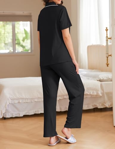 Image of Ekouaer 2 Pack:Womens Pajamas Short Sleeve Pjs Notch Collar Button Up Loungewear Cozy Sleepwear Sets