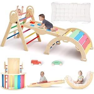 Pikler Triangle Set with Cushion, Montessori Climbing Set, Indoor Climbing Toys, Indoor Playground Jungle Gyms, 9 Combinations Climbing Toy Set for Toddler, Baby, Kids 1-4