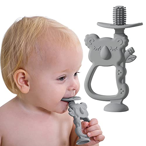 Moonkie 360° Baby Toothbrush with Suction Base, Silicone Teething Toys Teethers for 6 Months+ Baby and Toddler 1pc (Koala Lunar Grey)… Cover