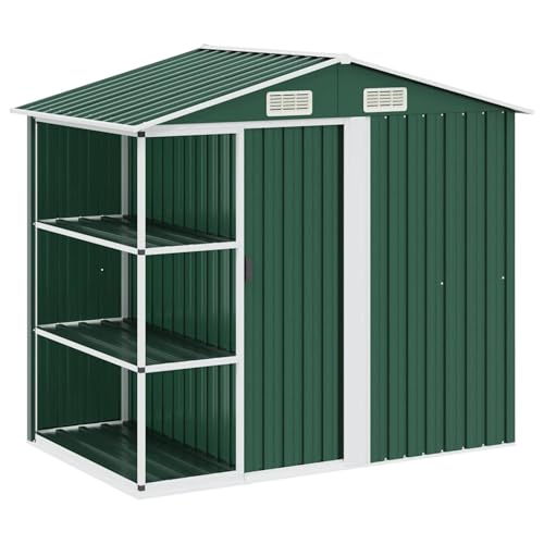 WGYHOME Caseta de jardín con estante, puerta corredera, hierro galvanizado, verde, 205 x 130 x 183 cm, resistente a la intemperie y ventilada, para herramientas, muebles de jardín y electrodomésticos