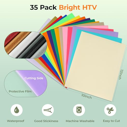 Image of HTVRONT HTV Heat Transfer Vinyl, 35 Pack, 29 Assorted Colors | 12 inchx10 inch With 5 Glitter HTV Iron-On Vinyl For T-Shirts, Compatible with Cricut & Silhouette Cameo