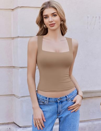 Image of Avidlove Women's Square Neck Tank Top Double Lined Basic Crop Tops Going Out Shirt Slim Fit Summer