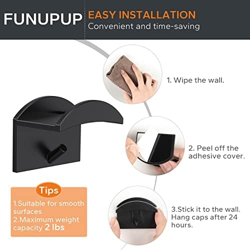 FUNUPUP Adhesive Hat Hooks for Wall, 16 Pack Hat Hanger Organizer for Baseball Caps (Black)