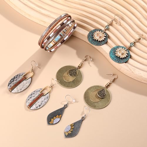 9 Pairs Boho Earrings for Women Vintage Jewelry Set Teardrop Sunflower Dangle Earrings with Leather Wrap Bracelets Christmas Gifts3