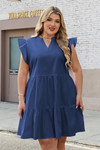 Hount Babydoll Dresses for Women 2026 Plus Size Casual Spring Short Dresses V Neck Mini Dress Blue 2X-Large — view 2