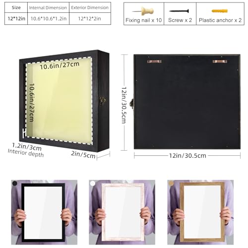 Image of TJ.MOREE Shadow Box 12 x 12 Display Case Wood Picture Frame Memory Black | Fits 10.6x10.6 Inserts with Linen Back & Glass, Rustic Keepsake Box for Pet Memorabilia Gifts Wedding Bouquet Military Medals