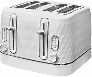 wilko White Diamond 4 Slices Toaster, Electronic Browning Control, Defrost, Reheat, Cancel and High Lift Functions, Slide-out Crumb Tray and Cord Storage