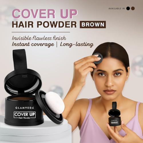 Image of Glamveda Cover-Up Hair Powder - Brown | Covers Grey Roots & Bald Spots Instantly | Root Touch Up | Highly Pigmented, Fuller & Denser Look | Long-Lasting | Matte Finish | Fine Powder | Natural Look 4g