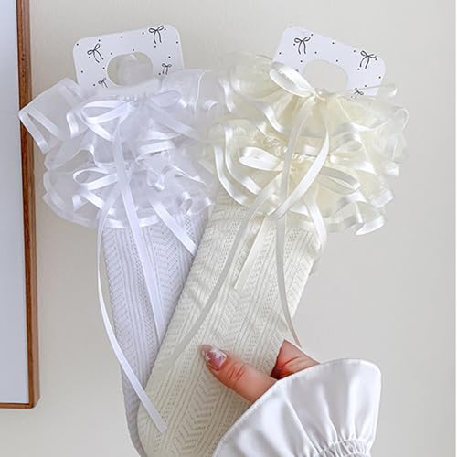 Girls Knee Length Socks Lace Trim Sweet Charm Soft Breathable Stackable Socks with Bowknot Detail Sweet Fashion4