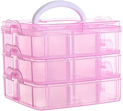 Image of UCRAVO 1 PCS Plastic 3-Layer Jewelry Organizer Box with 18 Adjustable Dividers, Clear Transparent Storage Box with Collapsible & Removable Dividers, Stackable Toy Organizer Storage Case (PINK)