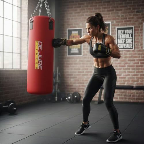 Image of De Jure Fitness Heavy Duty 4 Ft Punching Bag with Rust-Proof Stainless Steel Hanging Chain | Durable Polyester Fabric | Comfortable Recycled Filling | Boxing MMA, Kickboxing - Red, 4 Ft