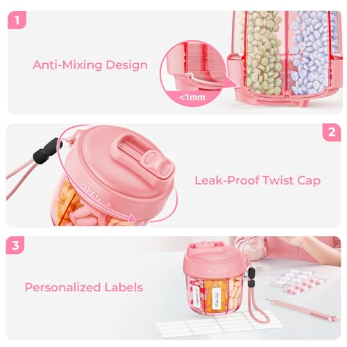 Image of AUVON Portable Pill Dispenser to Store 7 Various Supplements, Travel Pill Organizer Bottle with Anti-Mixing Design, Arthritis-Friendly Pill Container with Wide Opening & Slider Lid, 20 Blank Stickers