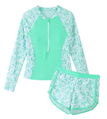 Image of Happy Cherry Girls Two Piece Rash Guard Swimsuit Floral UPF 50+ Swim Set Summer Beach Swimwear 8-12T