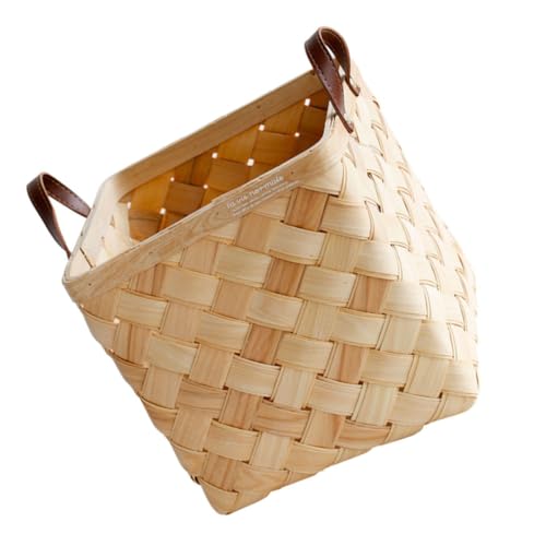 Abaodam 1Pieza Cesta De Almacenamiento Tejida De Madera Con Asa De Cuero Cesta De Ropa Sucia Organizador Para Dormitorio Para Ropa y Accesorios