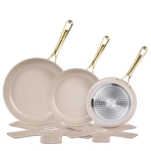 Chef Power Ceramic Frying Pan with Stainless Steel Handle 5Pcs Set, Non Stick Grill Pan Set, Dishwasher and Oven Safe, Taupe and Light Gold Handle by Chef Power - Used condition - US$37.00