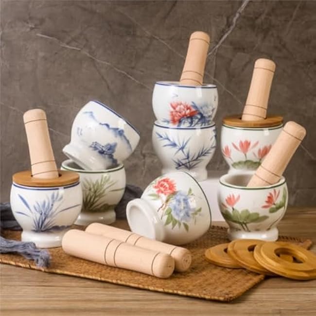 Mortar and Pestle Set Old-Fashioned Pestle Set Garlic Mortar Household Garlic Pounder Ceramic Grinding Pounder Seasoning Spice Tools