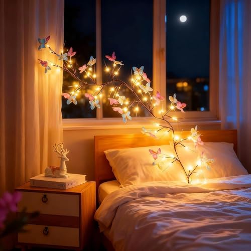 Image of P SEVEN Cherry Blossom LED String Lights, Pink Flower Vine Wall Decor with Remote Control, USB Powered, DIY Indoor Decoration (Butterfly Willow Vine Lights)