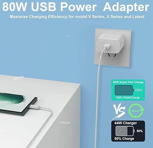 Image of Original 80W Charger for Vivo V25 Pro,21e 5G, V21, V21 Pro, Y73, 21 5G, V20 Pro, V20, V19, Y35 5G, 23e, V25e, Y35, V25 5G with Type C Cable White (TEN30)