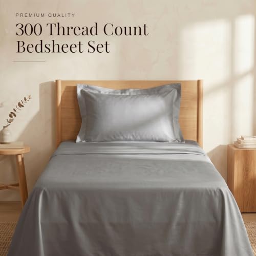 Image of HUESLAND 300 TC Premium Pure Cotton Sateen Weave Single Bedsheet with 2 Pillow Covers | Steel Grey | 88 x 55 Inches