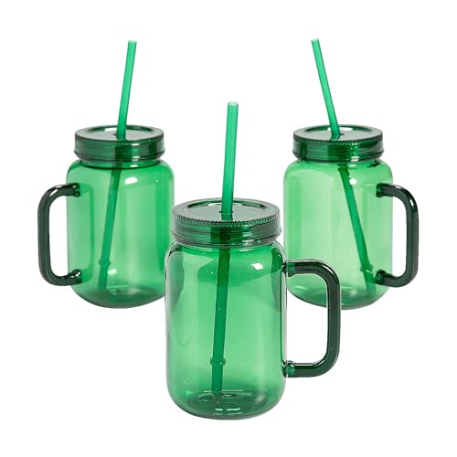 Fun Express 16 oz. Green Reusable Plastic Jar Mugs with Lids & Straws - 6 Ct