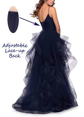 Tiered Tulle Prom Dresses 2025 Long Sparkly Tulle Ball Gowns A Line Women V-Neck Formal Evening Party Gown with Slit2