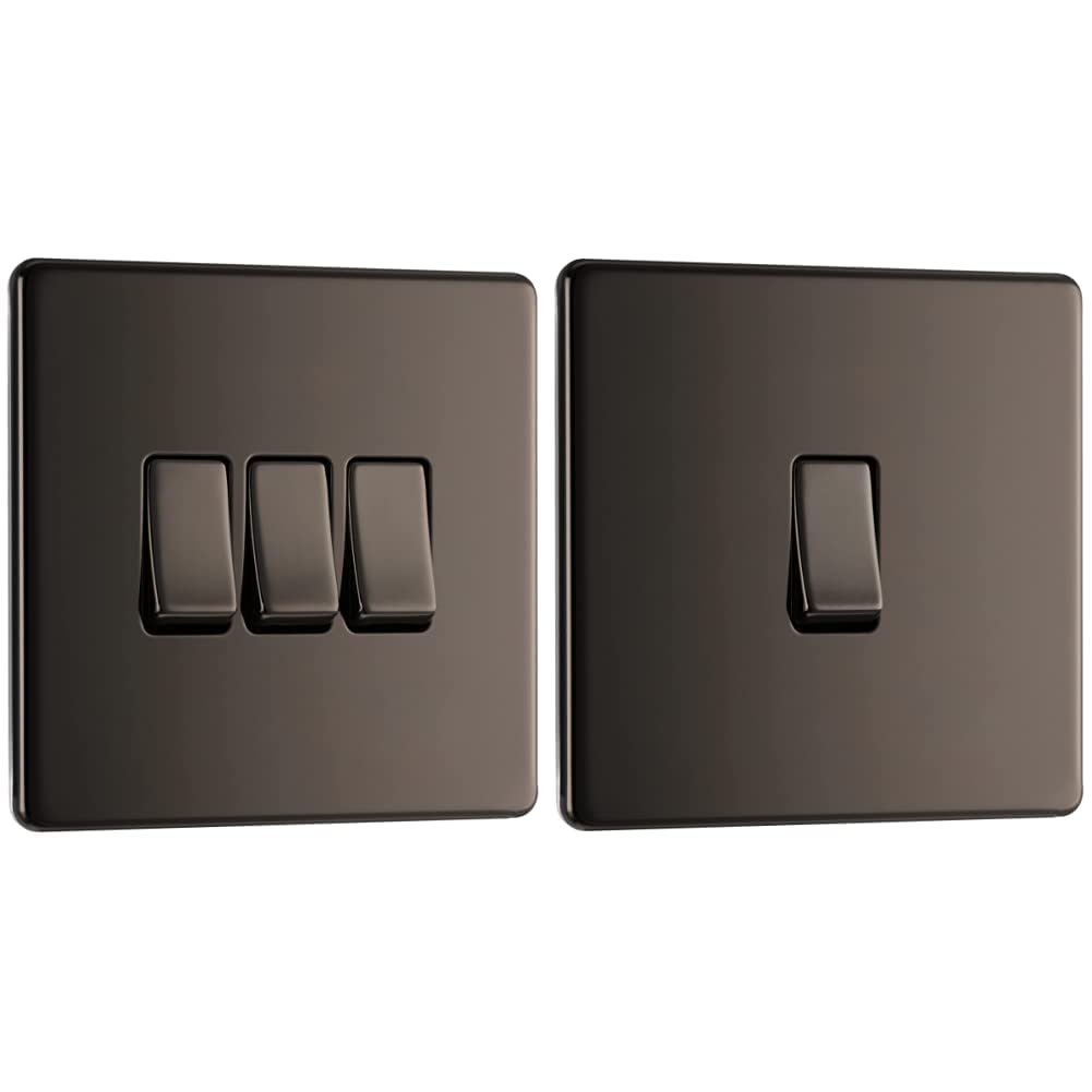 BG Electrical Screwless Flat Plate Triple Light Switch, Black Nickel, 2