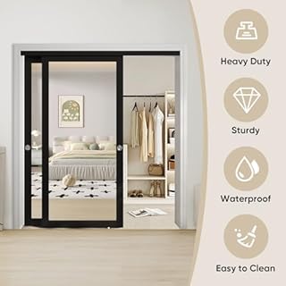 JUBEST 72" x 80" Mirror Closet Door, Preassembled One Side Mirror Door with Hardware Kit & Matching Fascia, Solid Wood Frame with Water-Proof PVC Surface, Easy to Install, Black