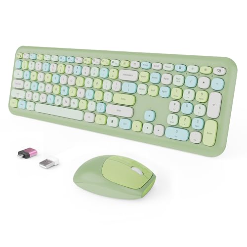 Wireless Keyboard and Mouse Combo, Colorful Ergonomic Full Size Retro Low-Noise Keyboard with Cute keycaps, Compatible with Windows, PC, Perfer for Home and Office Keyboards (Green)