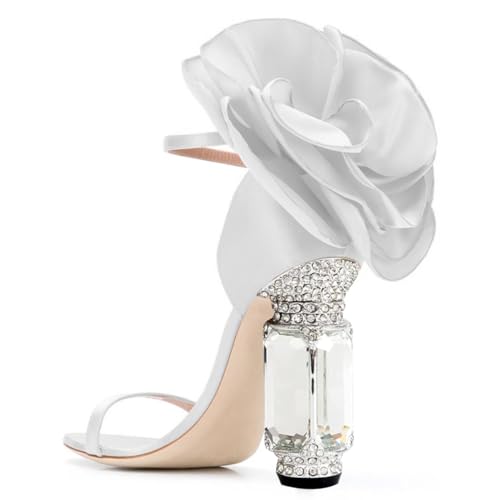 FSJ Women Open Toe Crystal Block Heels Sandals with Flower Bloom Back Ankle Strap Buckle Silk Satin Chunky Thick High Heels Wedding Party Shoes Size 4-16 US4