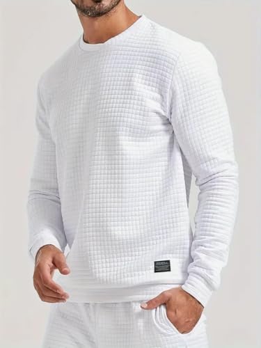 Image of KAJARU Quilted Pattern Long Sleeve Sweatshirt, Round Neck, Men's Casual Pullover, Grey, Black, Beige