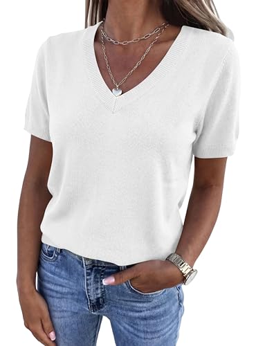 PRETTYGARDEN Womens Short Sleeve Sweaters V Neck Business Casual Tops Lightweight Sweater Shirts 2026 Summer Spring Outfits (White Large)