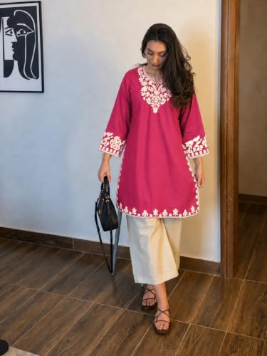 Image of ANNI Designer Co Ord Set for Women Cotton Embroidered | Straight Kurta Palazzo Set for Woman | Round Neck V Slit Full Sleeve Ethnic Dress Stylish Coord Outfit Womens Clothing