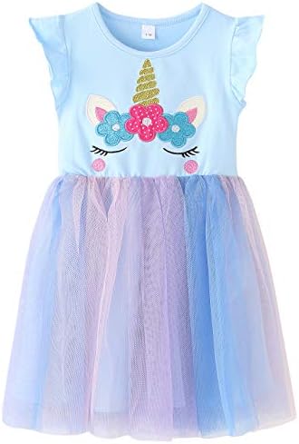 Fiream Toddler Girls All Seasons Applique Cartoon Unicorn Cotton Sleeveless Casual Dresses(JP024,3-4Y)