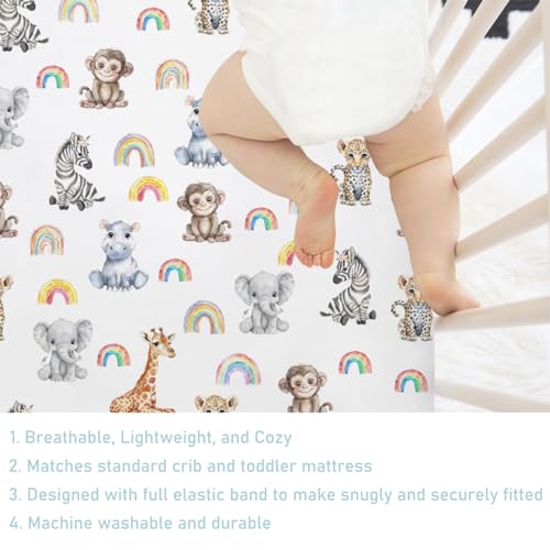 Image of Jungle Safari Animals Rainbow Baby Crib Sheets 52''x28'' Leopard Elephant Giraffe Zebra Hippo Monkey Stretchy Fitted Crib Mattress Cover for Boy Girl Zoo Bed Sheet for Standard Crib Toddler Mattress