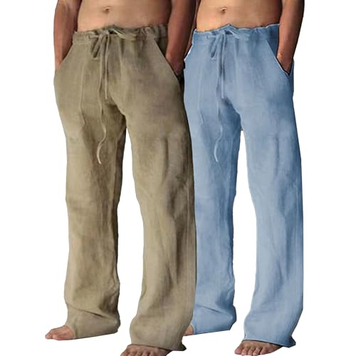 JEShifangjiusu Cotton Linen Pants for Men Casual Elastic Drawstring Waist Summer Beach Pants Loose Yoga Trousers with Pockets