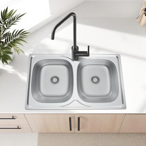 Melanstar 80x50cm Edelstahl Spülbecken Doppel Spüle, Küchenspüle Auflagespüle mit 2 Becken mit Siphon Set