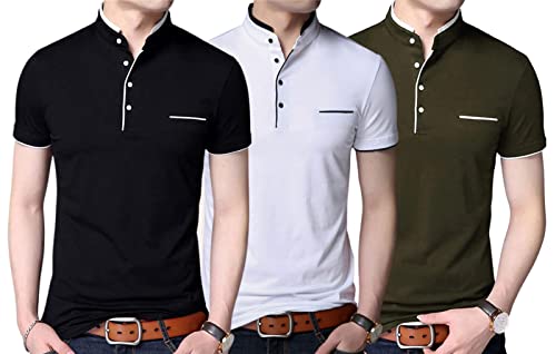 Image of Pixie Fashion Polycotton Mandarin Collar Half Sleeves Men's T-Shirts Combo (Pack of 3)