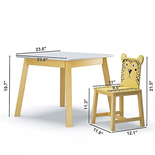 Image of Wood Table & Chairs 5 Pieces Set, Boys Girls Activity Table w / 4 Animal Shaped Chairs, Solid Wood Legs, Safe Rounded Corners, Playroom Furniture for Boys & Girls Activity Dining Drawing Craft.