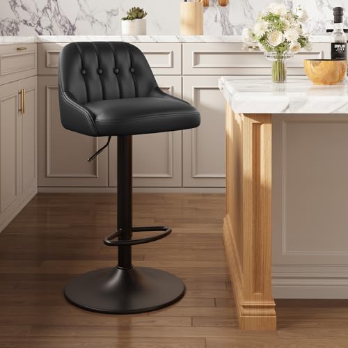 Image of MALOL Bar Stools Set of 1, Swivel Bar Chairs, Modern Adjustable PU Leather Upholstered Barstools Counter Height with Tufted Back for Bar, Kitchen Counter Island, Dining Room, Black