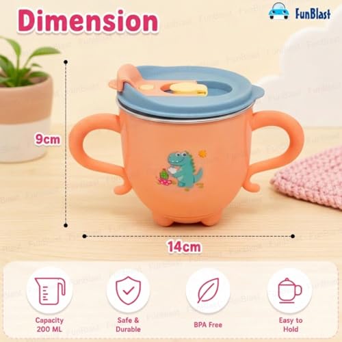 Image of FunBlast Milk Mug for Kids - Dinosaur Print S316 Stainless Steel Mug for Kids, Insulated Milk Cup with Lid & Straw, Water, Juice Drinking Mug, Glass, Cup for Kids - 200 ML (Peach)