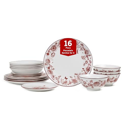 Stone Lain Esme 16-Piece Dinnerware Set Porcelain, Plates and Bowls Set, Dish Set for 4, Cereal and Pasta Bowls, Microwave and Dishwasher Safe, Red