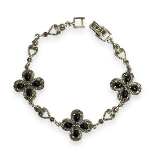 Victorian Style Four Leaf Clover Bracelet with Black Onyx and Marcasite Stone 925 Sterling Silver