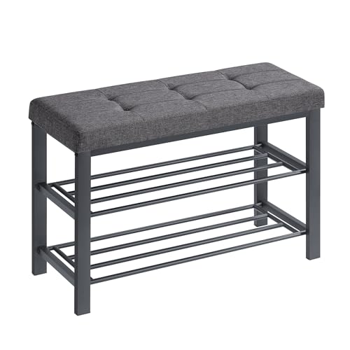 SONGMICS Schuhbank, Schuhregal mit 3 Ebenen, Schuhaufbewahrung, Sitz mit Schaumstoffpolsterung, Leinen, Metallrahmen, für Wohnzimmer Eingangsbereich, 31 x 81 x 49 cm, dunkelgrau-schwarz LBS057B01