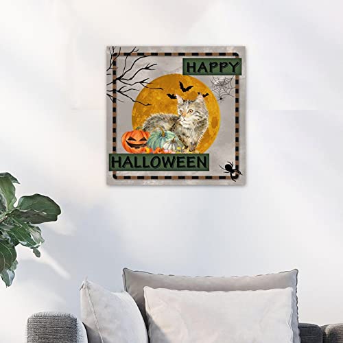 Panneau mural bois citrouille Halloween chat finition rustique