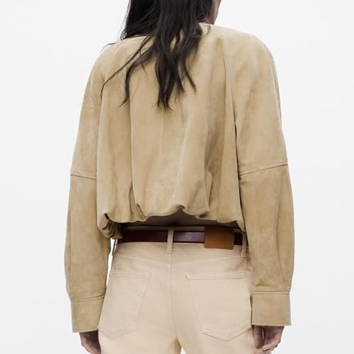 Ainangua Women's Faux Suede Button Bomber Jacket Oversized Gathered Hem Short Coat Casual Cropped Leather Jacket Outerwear4