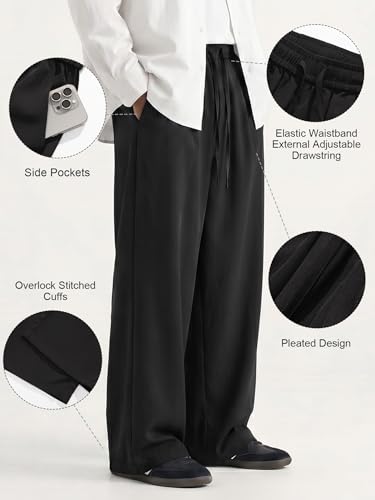 Areant Mens Lightweight Summer Pants Baggy Flow Fit & Breathable Trousers Elastic Waist Drawstring for Beach Vacation Lounge Black Medium — view 4